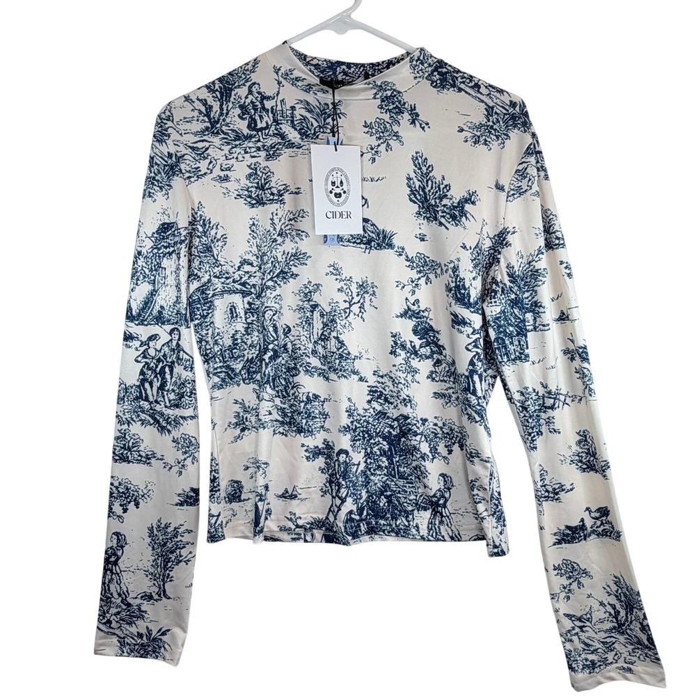 Cider Toile de Jouy Top Women XL Blue Cream Mock Neck Long Sleeve Blouse